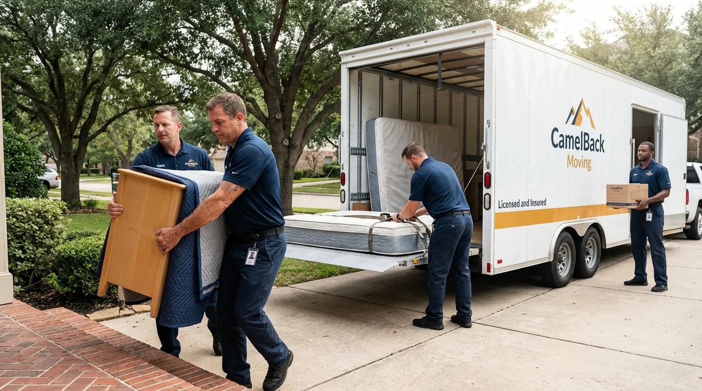 Crew loading residential truck for cross-state move from Jefferson, TX