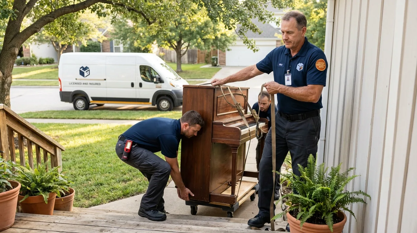 Licensed piano movers securing grand piano in Jefferson, TX